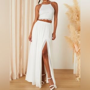 Lulu’s Midnight Memories White Lace Two-Piece Maxi Dress